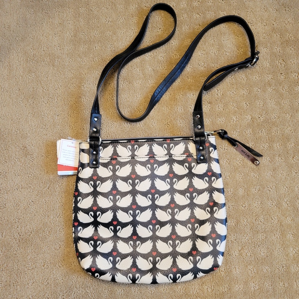 Relic Caraway Swan Pattern Crossbody Women's Purse Black Ivory Adjustable Strap